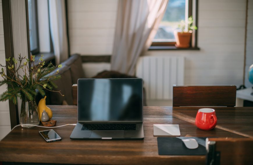 A home office with a laptop setup