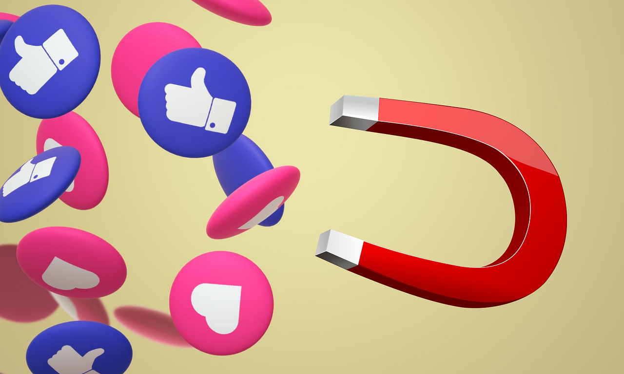 illustration of a magnet pulling in facebook thumbs-up and instagram heart icons